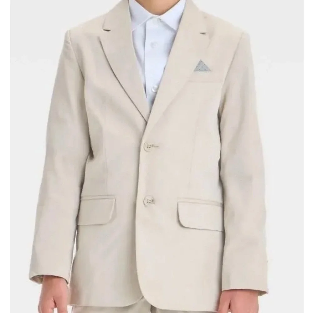 Cat & Jack Boys Khaki Suit Jacket Blazer Size 8 Beige Two-Button Formal Wedding